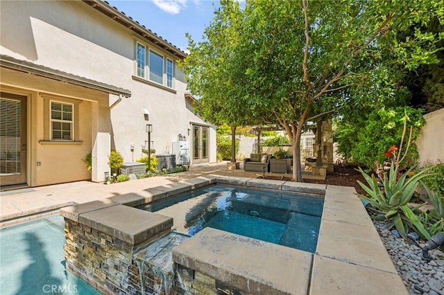 46287 Durango Dr, Temecula, CA 92592 - outdoor pool with a patio, an outdoor hangout area, and an in-ground hot tub