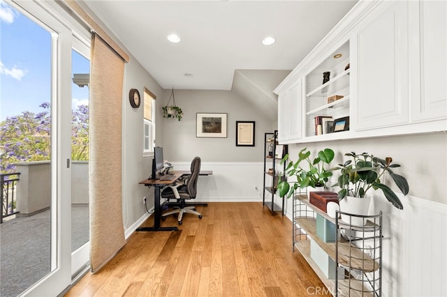 46287 Durango Dr, Temecula, CA 92592 - office area featuring light wood-style floors, wainscoting, healthy amount of natural light, and recessed lighting