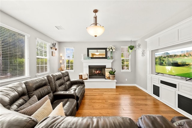 46287 Durango Dr, Temecula, CA 92592 - living room featuring light wood-type flooring, a glass covered fireplace, and healthy amount of natural light