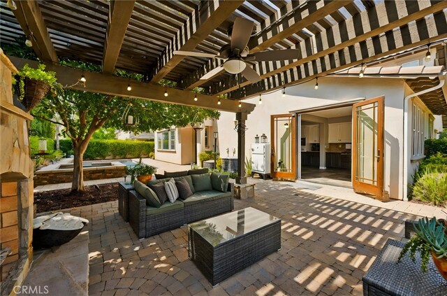 46287 Durango Dr, Temecula, CA 92592 - view of patio with a ceiling fan, a pergola, and an outdoor hangout area