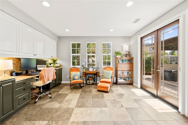 46287 Durango Dr, Temecula, CA 92592 - home office featuring built in study area, recessed lighting, and french doors