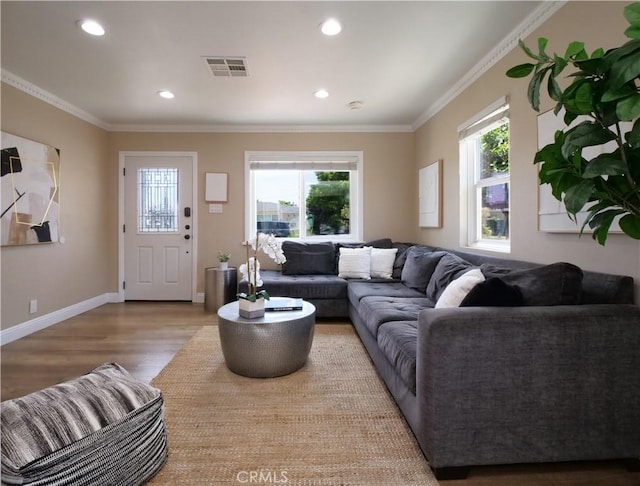 4917 W 140th St, Hawthorne, CA 90250 - living room with healthy amount of natural light, wood finished floors, recessed lighting, and crown molding