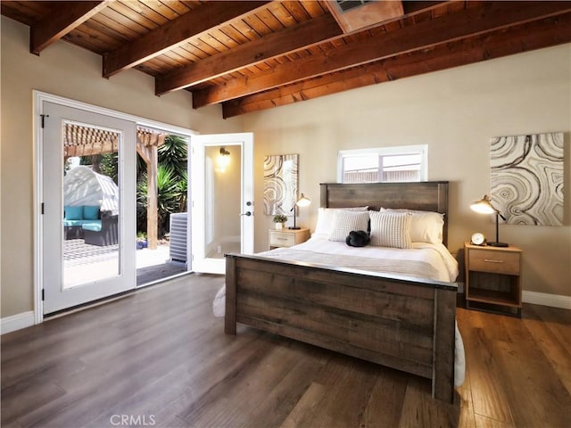 4917 W 140th St, Hawthorne, CA 90250 - bedroom featuring a wooden ceiling with exposed beams, access to outside, multiple windows, and dark wood-style floors