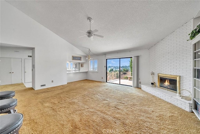 2591 Braided Mane Dr, Diamond Bar, CA 91765 - unfurnished living room featuring a brick fireplace, carpet, a ceiling fan, a textured ceiling, and high vaulted ceiling