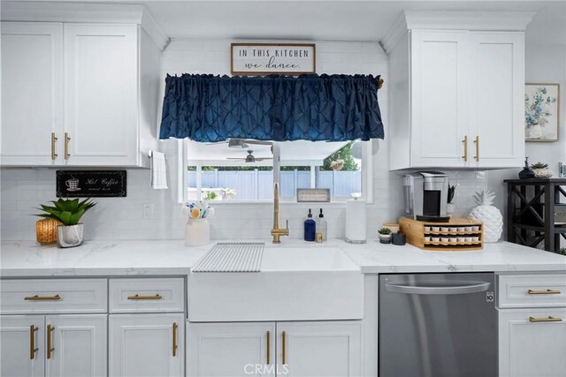 3380 E Date St, Brea, CA 92823 - kitchen featuring stainless steel dishwasher, white cabinetry, and tasteful backsplash