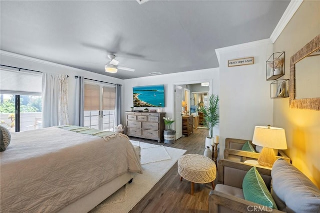 3380 E Date St, Brea, CA 92823 - bedroom with wood finished floors, ornamental molding, ceiling fan, and access to exterior