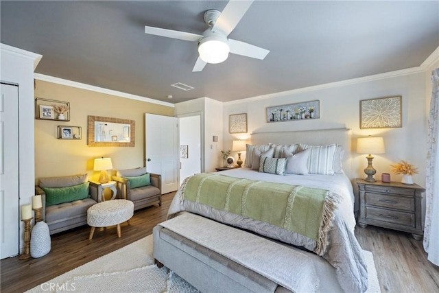 3380 E Date St, Brea, CA 92823 - bedroom with crown molding, wood finished floors, and a ceiling fan