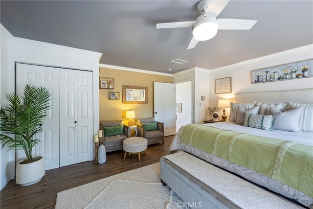 3380 E Date St, Brea, CA 92823 - bedroom featuring wood finished floors, ornamental molding, a closet, and ceiling fan