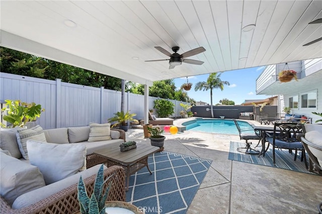 3380 E Date St, Brea, CA 92823 - view of pool with outdoor lounge area, a fenced backyard, a patio, ceiling fan, and outdoor dining area