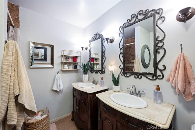 3380 E Date St, Brea, CA 92823 - full bathroom with two vanities, tile patterned floors, and curtained shower