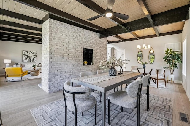 820 Robin Ln, Millbrae, CA 94030 - dining room with light wood-type flooring, a wood ceiling with exposed beams, a chandelier, a ceiling fan, and a fireplace