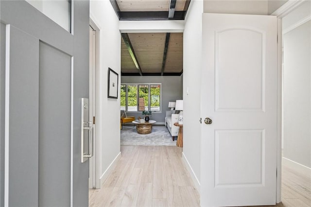 820 Robin Ln, Millbrae, CA 94030 - hallway with light wood-type flooring and a wooden ceiling with exposed beams