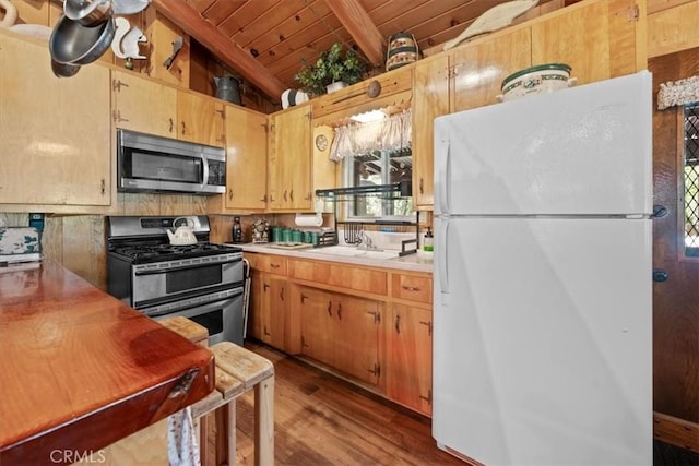 33019 Juniper Ln, Green Valley Lake, CA 92341 - kitchen featuring stainless steel appliances, wooden ceiling, wood finished floors, light countertops, and plenty of natural light