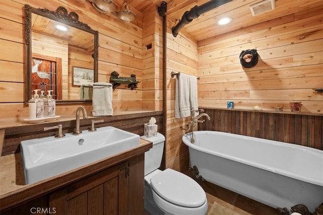 33019 Juniper Ln, Green Valley Lake, CA 92341 - full bath with wooden walls, a soaking tub, vanity, and wooden ceiling