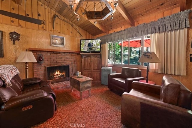 33019 Juniper Ln, Green Valley Lake, CA 92341 - living room featuring wood ceiling, a brick fireplace, wooden walls, and carpet flooring
