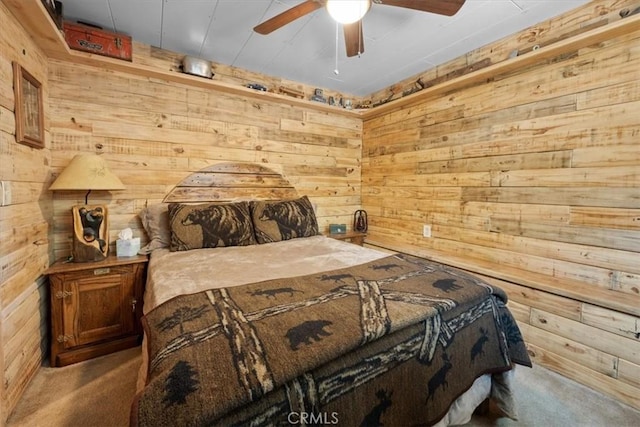 33019 Juniper Ln, Green Valley Lake, CA 92341 - carpeted bedroom with wood walls and ceiling fan