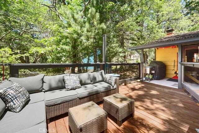 33019 Juniper Ln, Green Valley Lake, CA 92341 - deck featuring an outdoor living space, a grill, and view of scattered trees