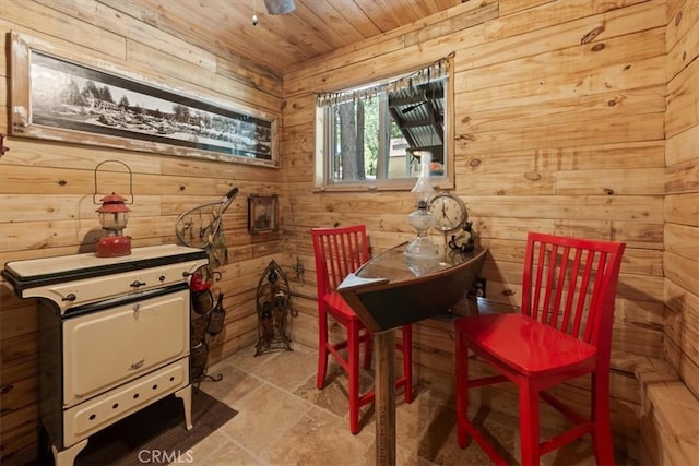 33019 Juniper Ln, Green Valley Lake, CA 92341 - dining space featuring wooden walls, wood ceiling, and light stone finish floors