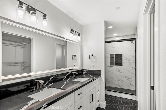 58424 Canterbury St, Yucca Valley, CA 92284 - bathroom with a marble finish shower, double vanity, and recessed lighting