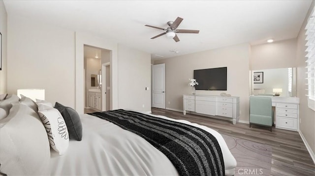 5120 Armendarez Ln, Fontana, CA 92336 - bedroom featuring wood finished floors, connected bathroom, and a ceiling fan
