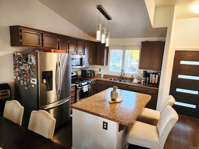1268 J B Rodriguez St, Calexico, CA 92231 - kitchen with stainless steel appliances, lofted ceiling, dark wood finished floors, a kitchen island, and decorative light fixtures