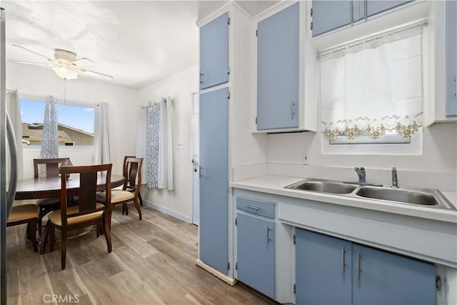 1022 E Lancaster Blvd, Lancaster, CA 93535 - kitchen featuring blue cabinets, a ceiling fan, light wood-style floors, and light countertops