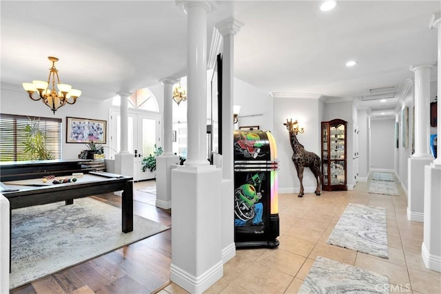 19420 Red Feather Rd, Apple Valley, CA 92307 - interior space featuring ornate columns, crown molding, plenty of natural light, light tile patterned floors, and recessed lighting