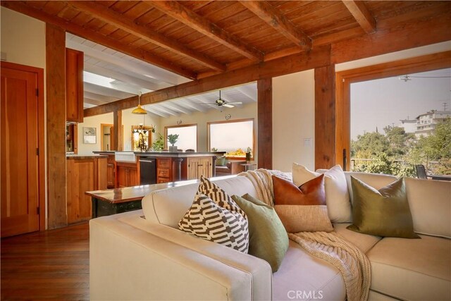 3700 Koster Ave, Sherman Oaks, CA 91423 - living room with dark wood-type flooring, a wood ceiling with exposed beams, and ceiling fan