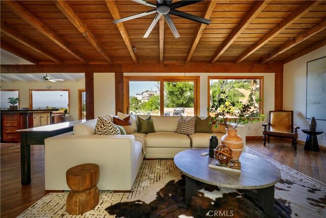 3700 Koster Ave, Sherman Oaks, CA 91423 - living area with a ceiling fan, hardwood / wood-style floors, and wood ceiling