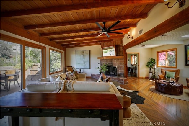 3700 Koster Ave, Sherman Oaks, CA 91423 - living area with ceiling fan, a wood ceiling with exposed beams, a fireplace, and hardwood / wood-style flooring