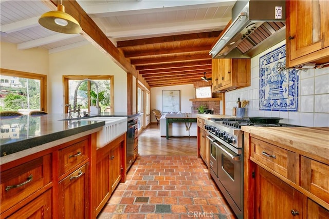 3700 Koster Ave, Sherman Oaks, CA 91423 - kitchen with stainless steel appliances, wall chimney exhaust hood, backsplash, wooden ceiling, and brown cabinetry