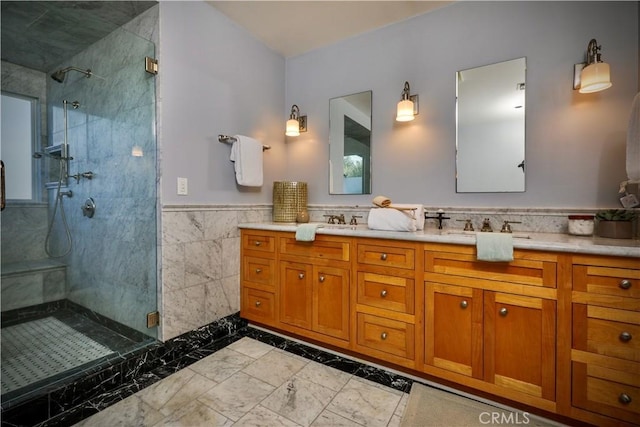 3700 Koster Ave, Sherman Oaks, CA 91423 - bathroom with tiled shower, double vanity, tile walls, and wainscoting