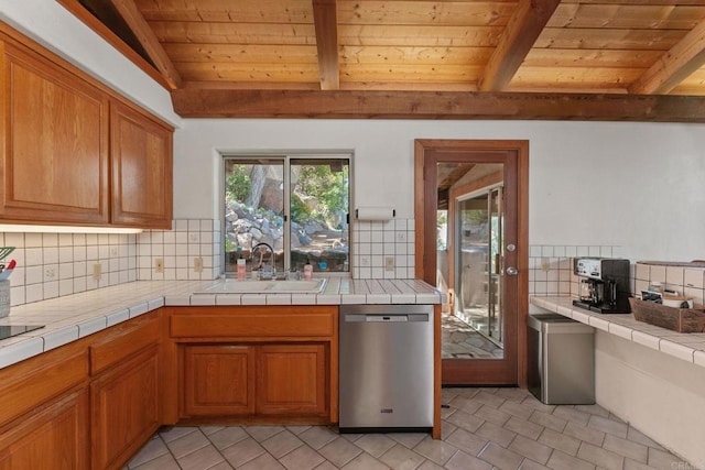 46920 Rainbow Canyon Rd, Temecula, CA 92592 - kitchen featuring dishwasher, a wooden ceiling with exposed beams, tasteful backsplash, brown cabinets, and light tile patterned floors