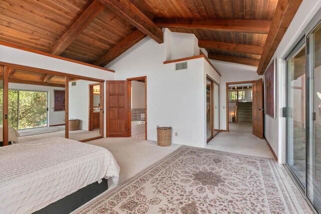 46920 Rainbow Canyon Rd, Temecula, CA 92592 - bedroom featuring a wood ceiling with exposed beams, light carpet, connected bathroom, and high vaulted ceiling