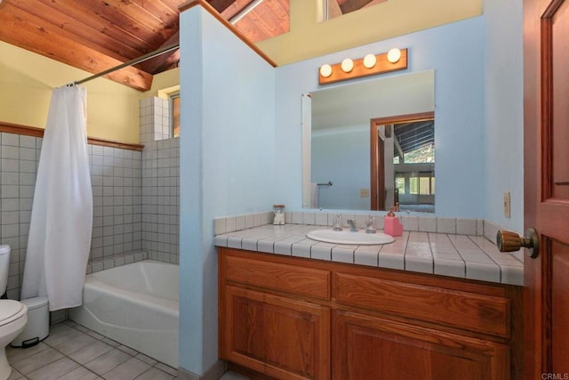 46920 Rainbow Canyon Rd, Temecula, CA 92592 - bathroom with tile patterned flooring, vanity, wooden ceiling, and shower / bath combo with shower curtain