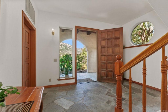 46920 Rainbow Canyon Rd, Temecula, CA 92592 - foyer entrance with healthy amount of natural light, stone tile flooring, and vaulted ceiling