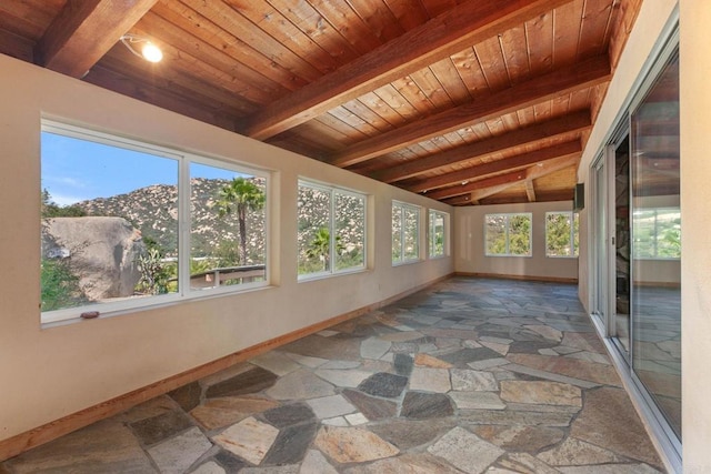 46920 Rainbow Canyon Rd, Temecula, CA 92592 - unfurnished sunroom with stone floors, wooden ceiling, and a mountain view