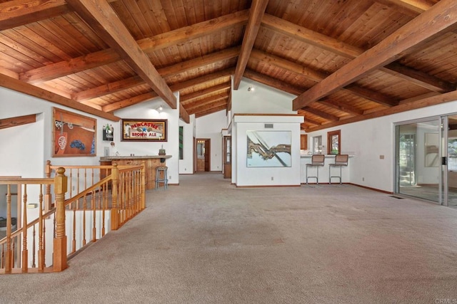 46920 Rainbow Canyon Rd, Temecula, CA 92592 - unfurnished living room with a wood ceiling with exposed beams, carpet flooring, and high vaulted ceiling
