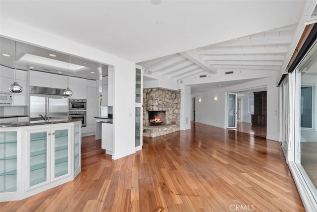 2016 Calle De Los Alamos, San Clemente, CA 92672 - unfurnished living room featuring light wood finished floors and a stone fireplace