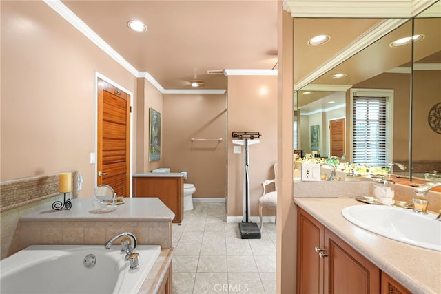 8601 Rudnick Ave, West Hills, CA 91304 - bathroom with vanity, a garden tub, crown molding, tile patterned flooring, and recessed lighting
