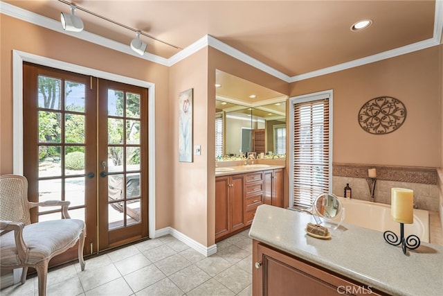 8601 Rudnick Ave, West Hills, CA 91304 - doorway featuring french doors, light tile patterned flooring, ornamental molding, track lighting, and recessed lighting