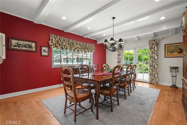 8601 Rudnick Ave, West Hills, CA 91304 - dining area with light wood-style floors, beamed ceiling, a chandelier, and recessed lighting