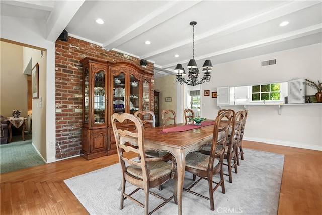 8601 Rudnick Ave, West Hills, CA 91304 - dining room featuring a chandelier, beamed ceiling, light wood-type flooring, and recessed lighting