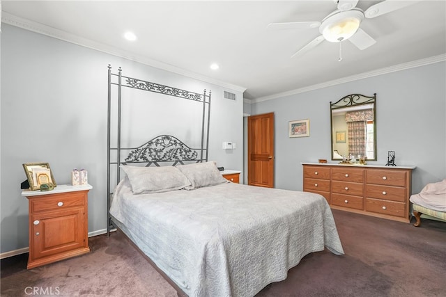 8601 Rudnick Ave, West Hills, CA 91304 - bedroom featuring dark carpet, ornamental molding, recessed lighting, and a ceiling fan