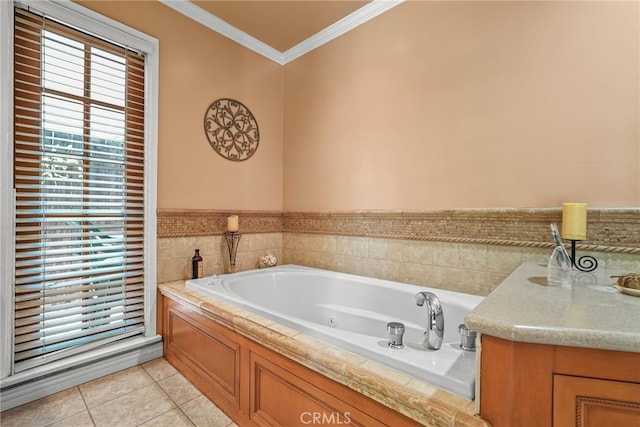 8601 Rudnick Ave, West Hills, CA 91304 - bathroom with crown molding, a tub with jets, tile patterned flooring, and vanity