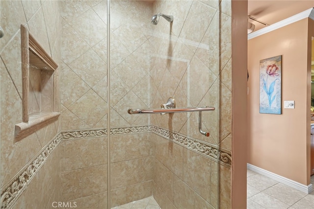 8601 Rudnick Ave, West Hills, CA 91304 - bathroom with crown molding, a stall shower, and tile patterned flooring
