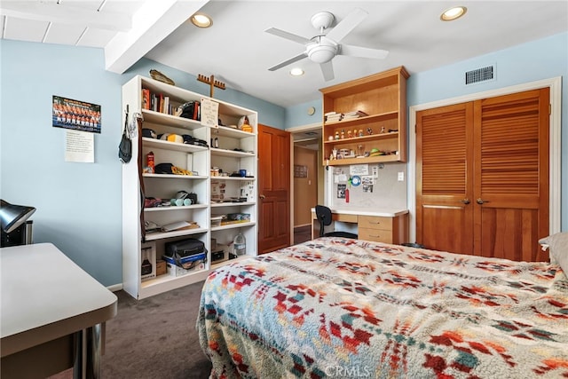8601 Rudnick Ave, West Hills, CA 91304 - bedroom featuring dark colored carpet, recessed lighting, a closet, beamed ceiling, and ceiling fan