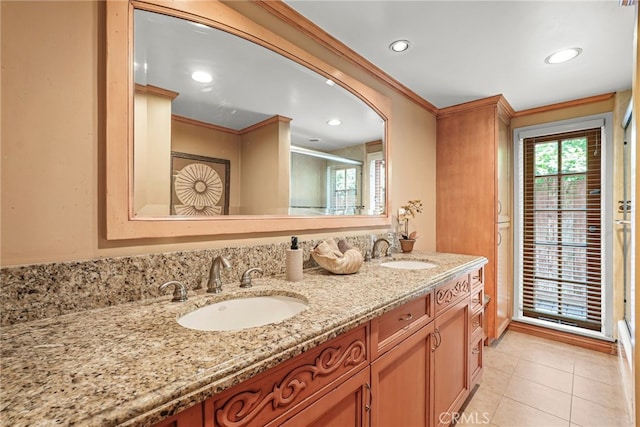 8601 Rudnick Ave, West Hills, CA 91304 - full bath with double vanity, tile patterned flooring, ornamental molding, an enclosed shower, and recessed lighting