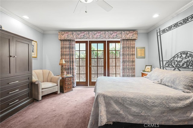 8601 Rudnick Ave, West Hills, CA 91304 - bedroom with carpet floors, crown molding, ceiling fan, recessed lighting, and access to exterior