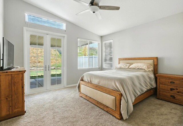 46076 Via Ln, Colorada, Temecula, CA 92592 - carpeted bedroom with access to exterior, lofted ceiling, multiple windows, and a ceiling fan